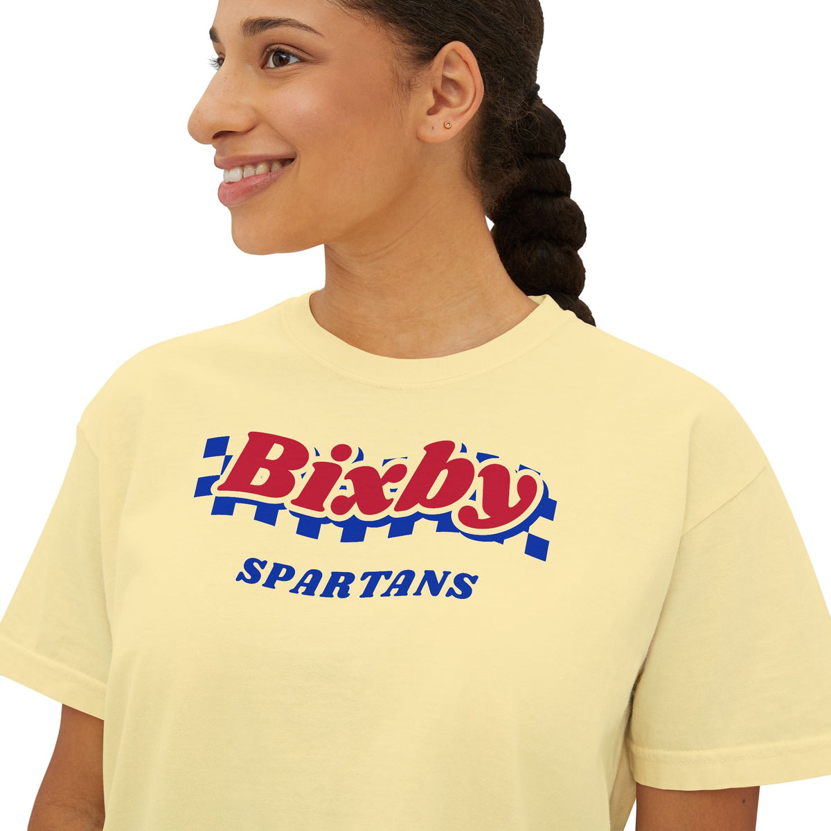 Bixby Spartans Navy Checker Retro Logo Women's Boxy Tee – Game Day Shirt
