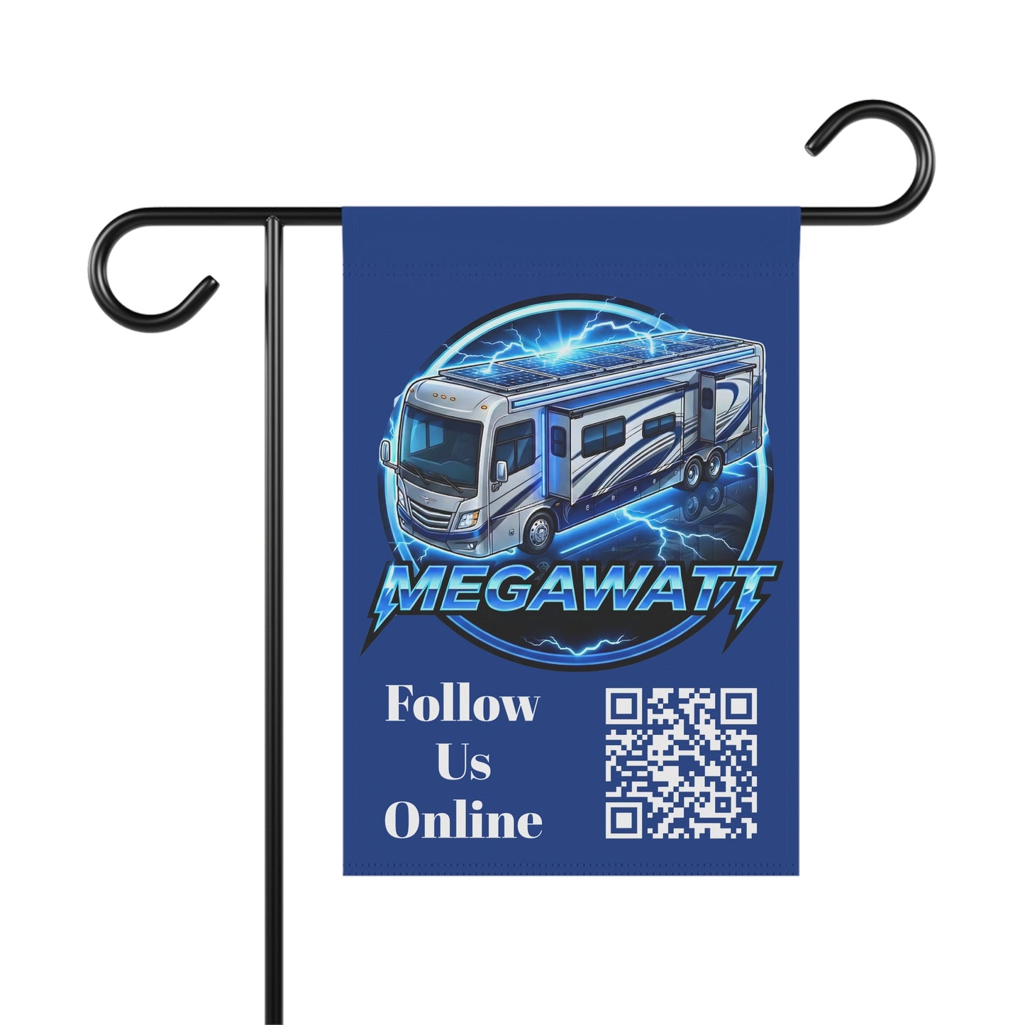Megawatt RV Garden Flag — 'Follow Us Online' QR Code House Banner