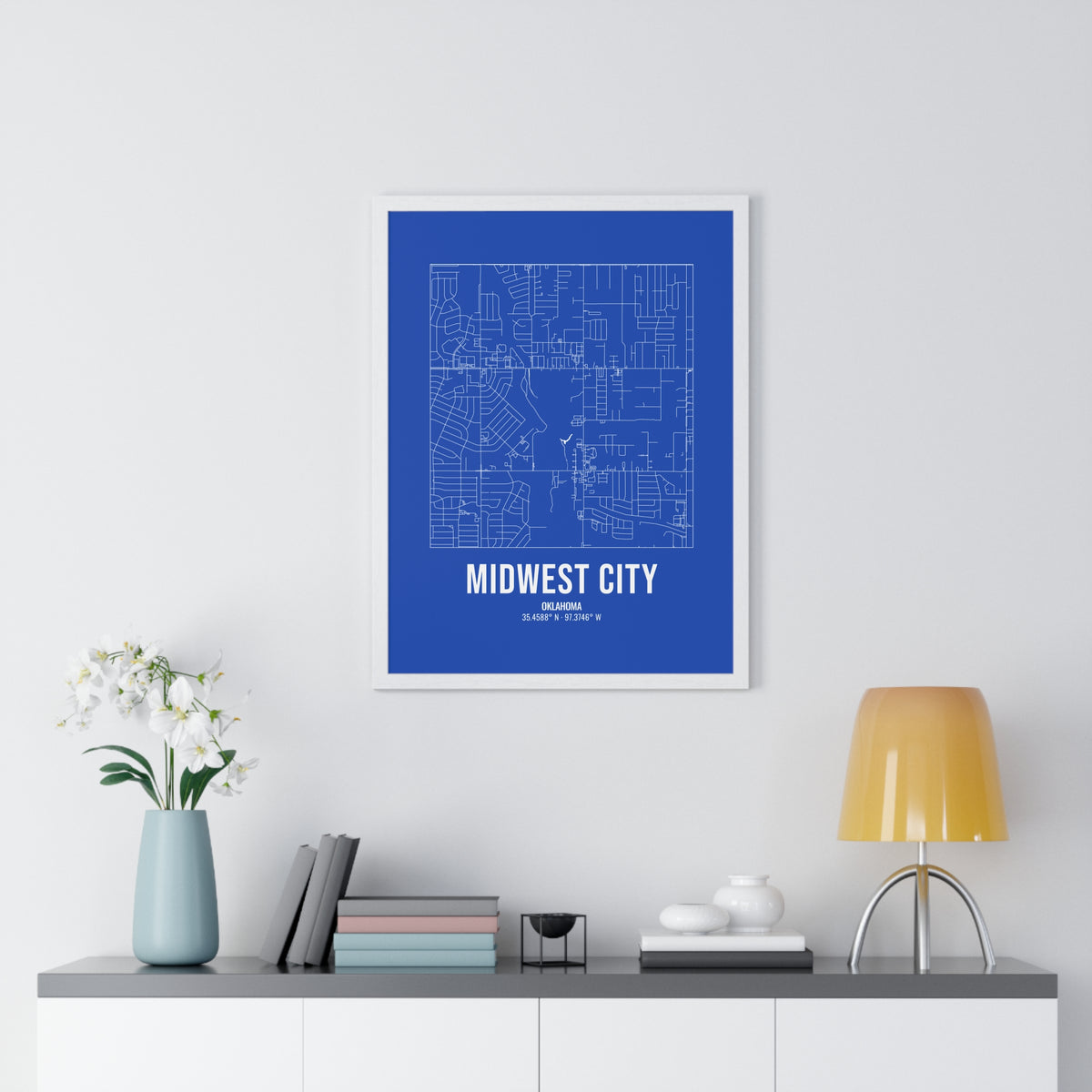 Midwest City Street Map Framed Print, White on Royal Blue