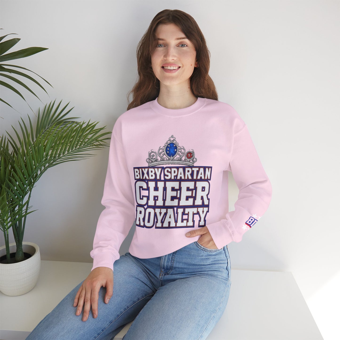 Bixby Spartan Cheer Royalty With Sleeve Print Gildan Sweatshirt