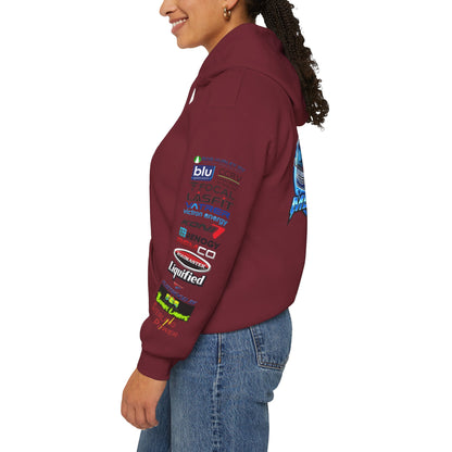RV Megawatt Hoodie — Retro Camper Graphic Pullover with Sponsor Sleeve Logos
