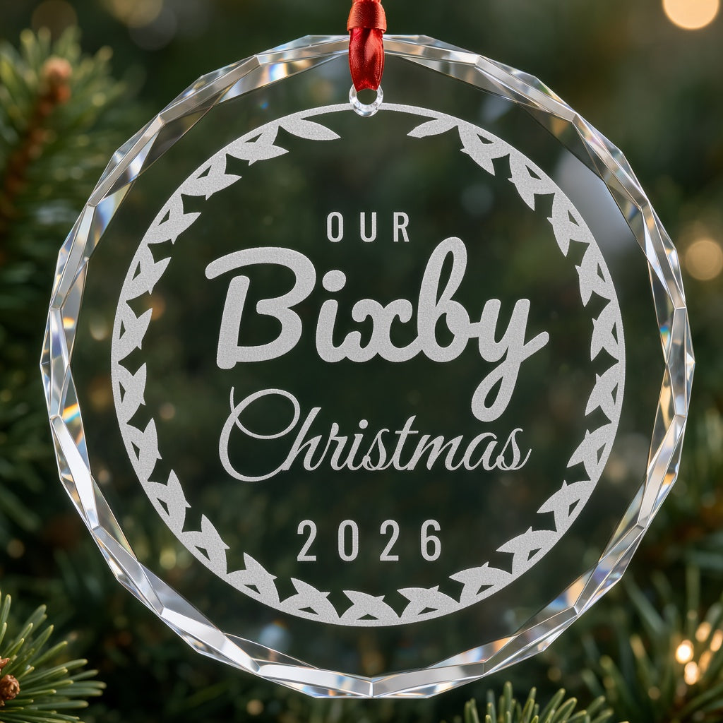 Close-up of frosted engraving in the crystal keepsake ornament