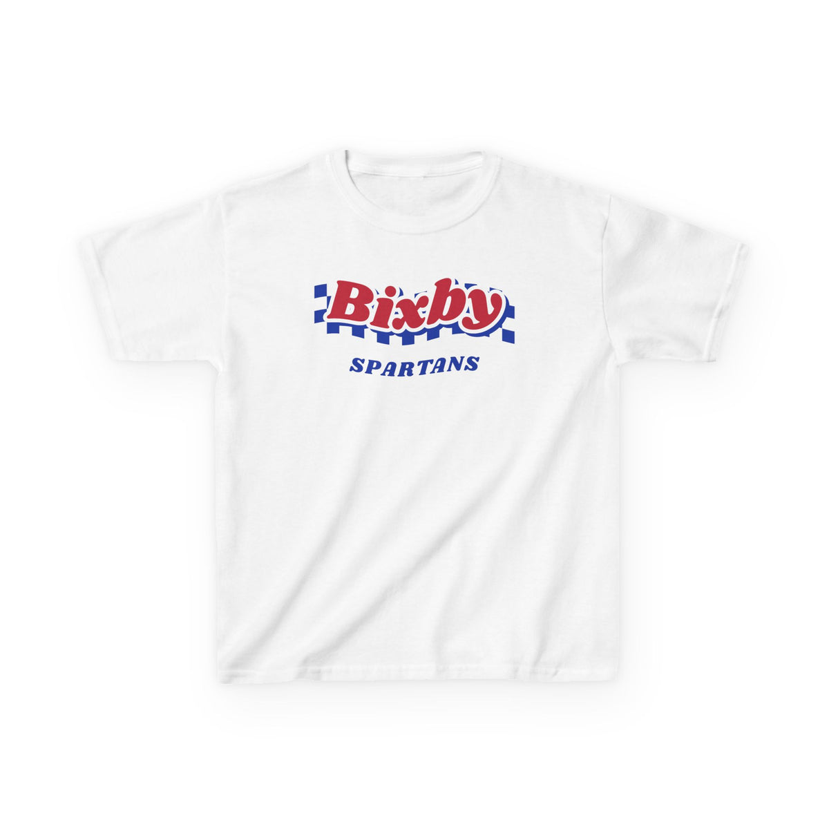 Bixby Spartans Retro Blue Checkered Script Youth Tee – Kids Vintage Game Day Shirt