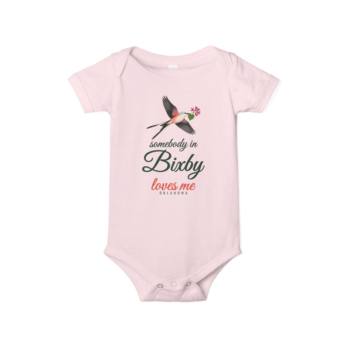 Somebody in Bixby Loves Me Baby Bodysuit, Heather Dust, front view