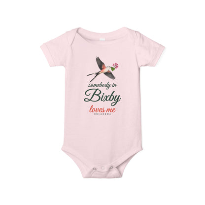 Somebody in Bixby Loves Me Baby Bodysuit, Heather Dust, front view