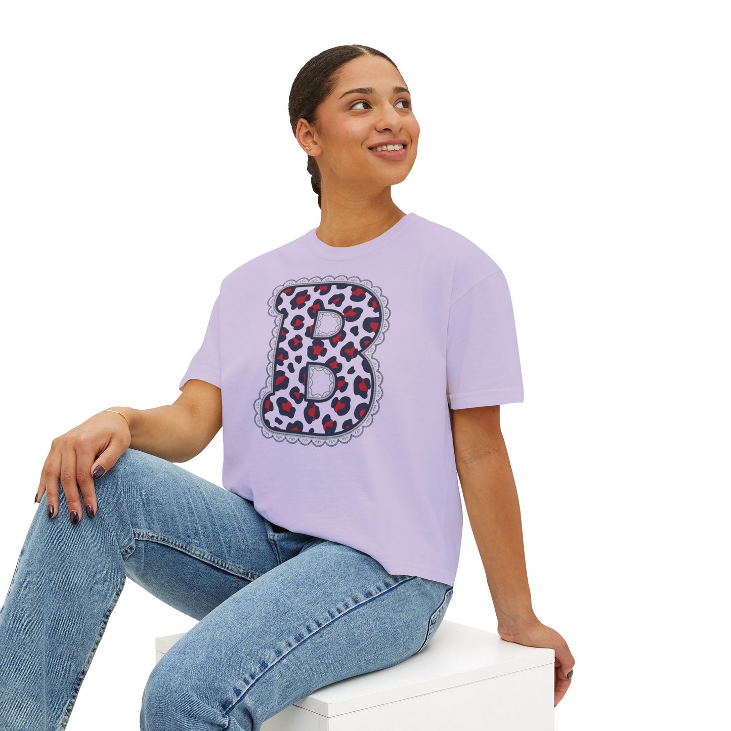 Leopard Print Initial 'B' Women's Boxy Comfort Colors Tee