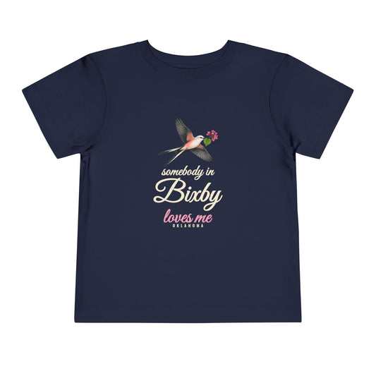 Somebody in Bixby Loves Me Toddler Shirt, Navy, front view