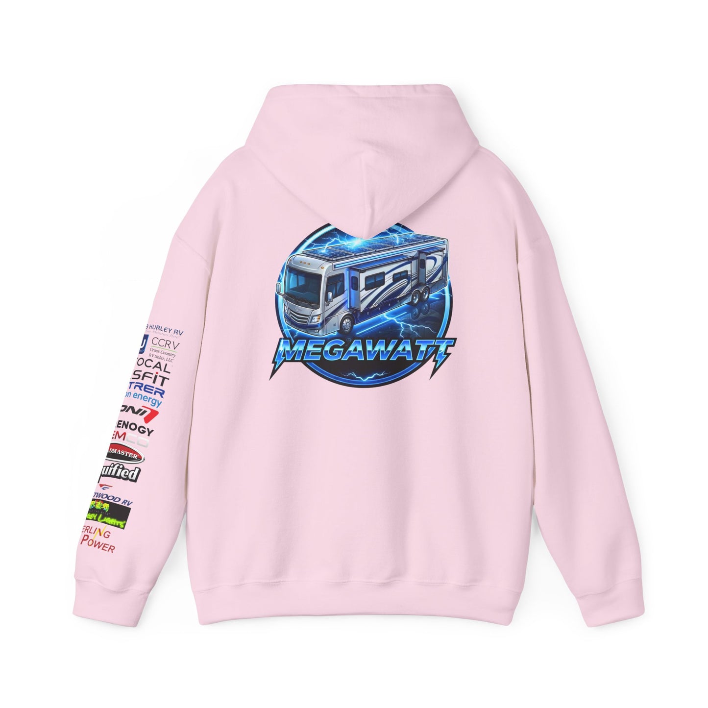 RV Megawatt Hoodie — Retro Camper Graphic Pullover with Sponsor Sleeve Logos