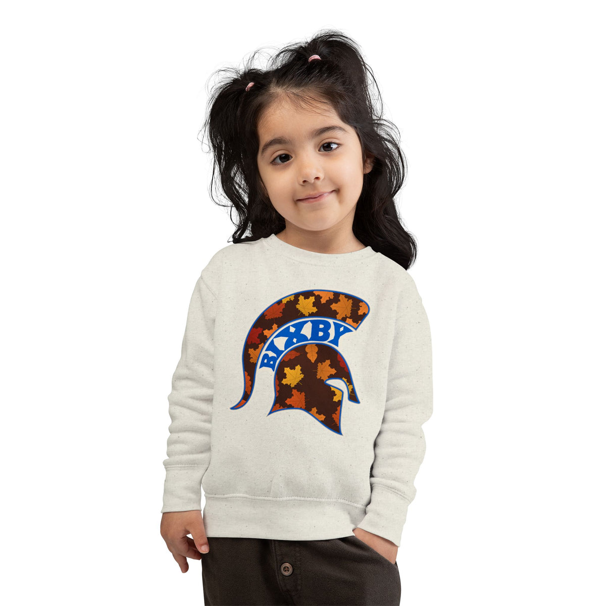 Bixby Spartans Fall Leaves Helmet Toddler Sweatshirt – Little Spartan Autumn Crewneck