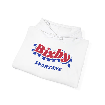 Bixby Spartans Retro Blue Checkered Script Hoodie – Vintage Game Day Hooded Sweatshirt