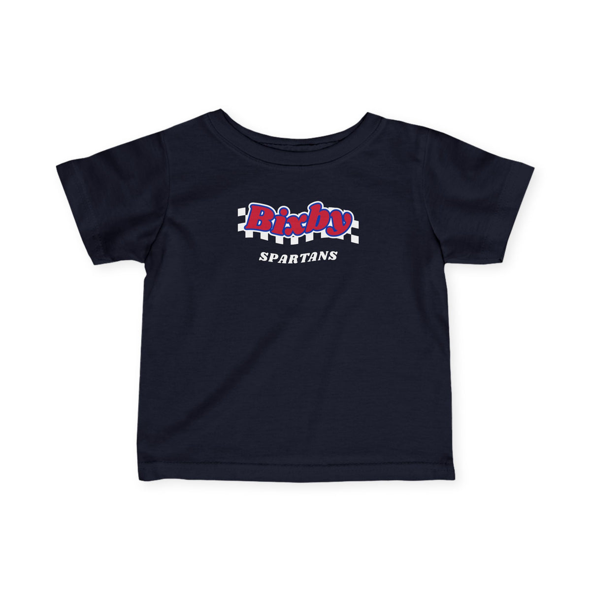 Bixby Spartans Retro Script Checkered Infant Tee – Baby Game Day Shirt