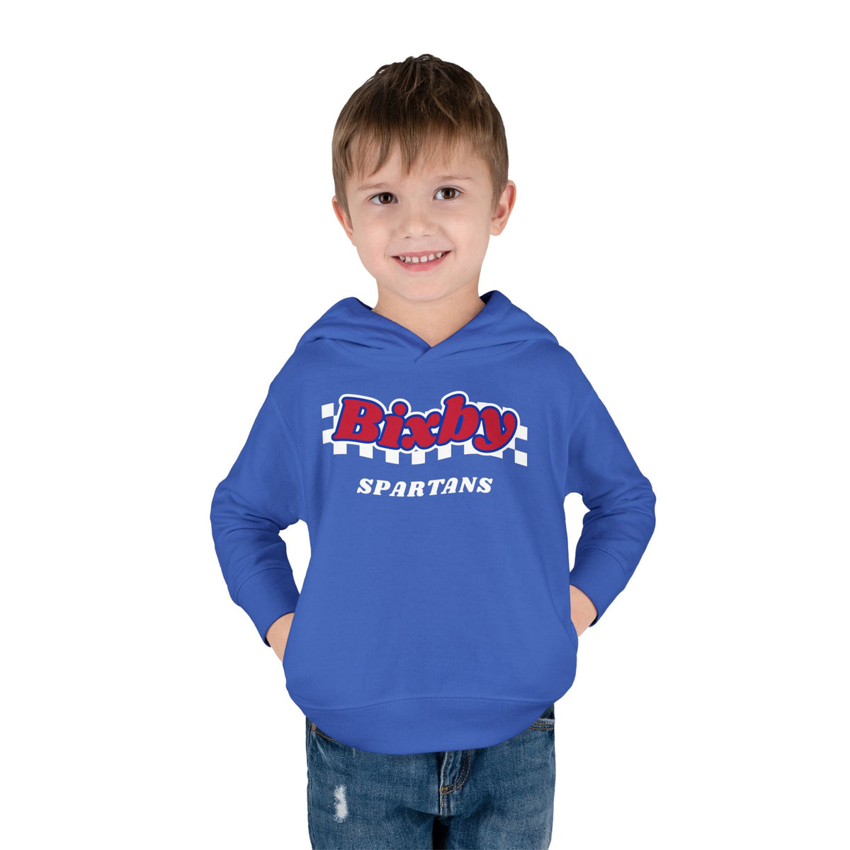 Bixby Spartans Retro Script Checkered Toddler Hoodie – Little Spartan Game Day Hoodie