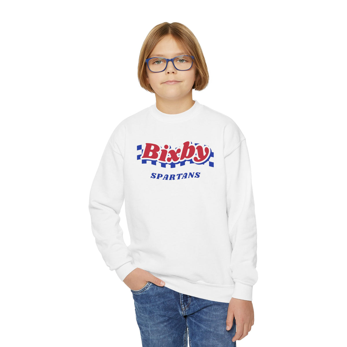 Bixby Spartans Retro Blue Checkered Script Youth Sweatshirt – Kids Vintage Crewneck