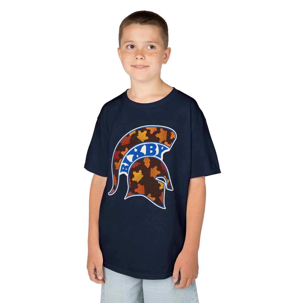 Bixby Spartans Fall Leaves Helmet Youth Tee – Kids Autumn Game Day Shirt