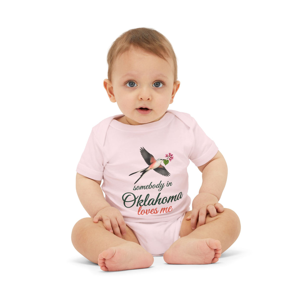 Somebody in Oklahoma Loves Me Baby Bodysuit, Pink, worn on baby