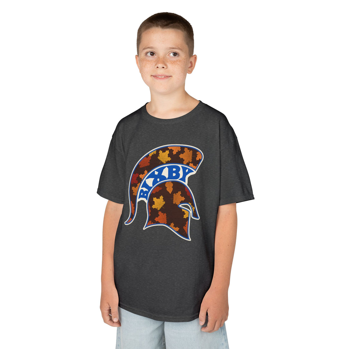 Bixby Spartans Fall Leaves Helmet Youth Tee – Kids Autumn Game Day Shirt