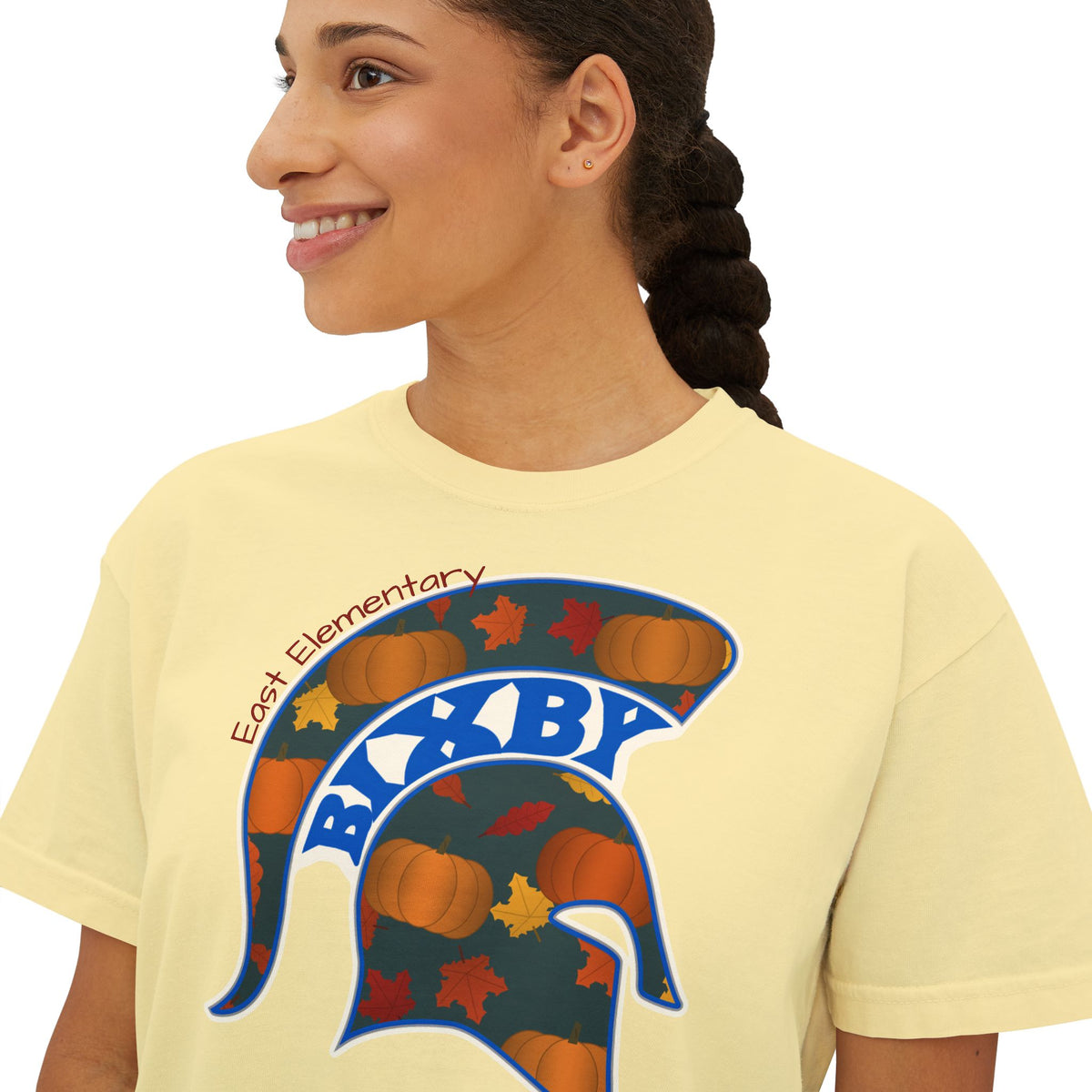 Bixby Spartans East Elementary Pumpkin Patch Helmet Women's Boxy Tee – Fall Mom Shirt
