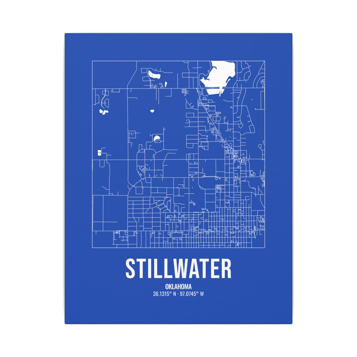 Stillwater Street Map Canvas, White on Royal Blue