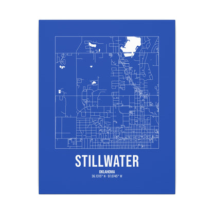 Stillwater Street Map Canvas, White on Royal Blue