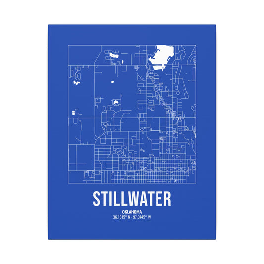 Stillwater Street Map Canvas, White on Royal Blue