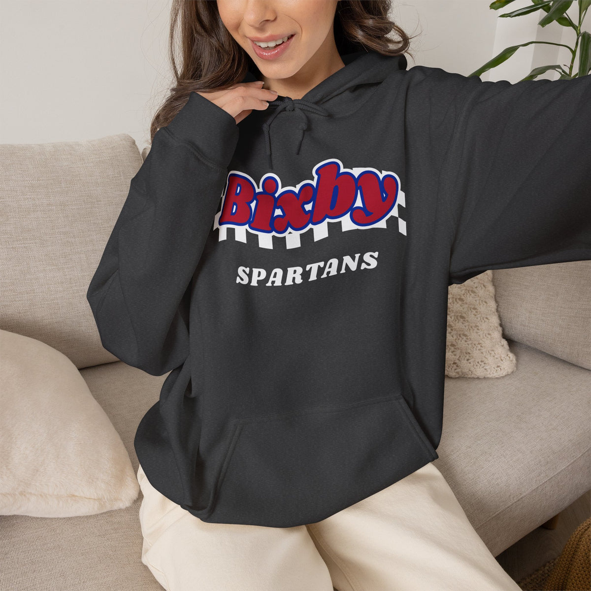 Bixby Spartans Retro Script Checkered Hoodie – Red, White & Blue Game Day Hooded Sweatshirt