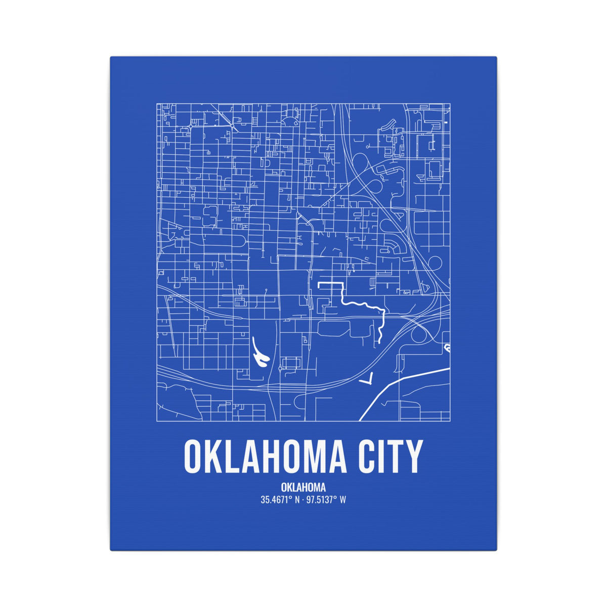Oklahoma City Street Map Canvas, White on Royal Blue