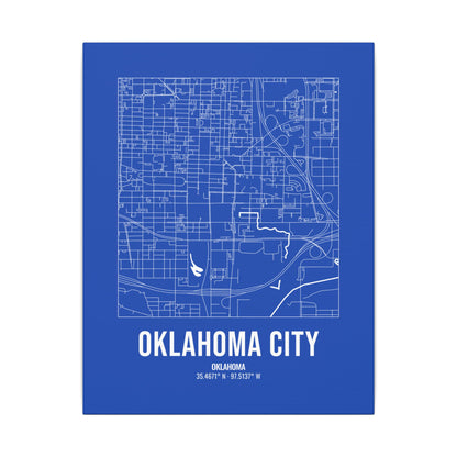 Oklahoma City Street Map Canvas, White on Royal Blue