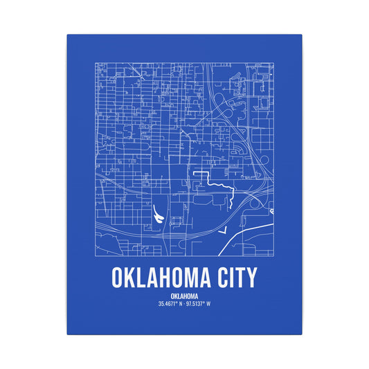 Oklahoma City Street Map Canvas, White on Royal Blue