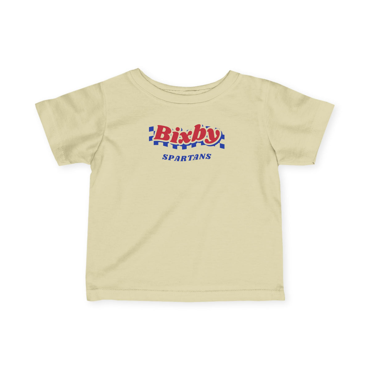 Bixby Spartans Retro Blue Checkered Script Infant Tee – Baby Vintage Spartan Shirt