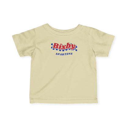 Bixby Spartans Retro Blue Checkered Script Infant Tee – Baby Vintage Spartan Shirt