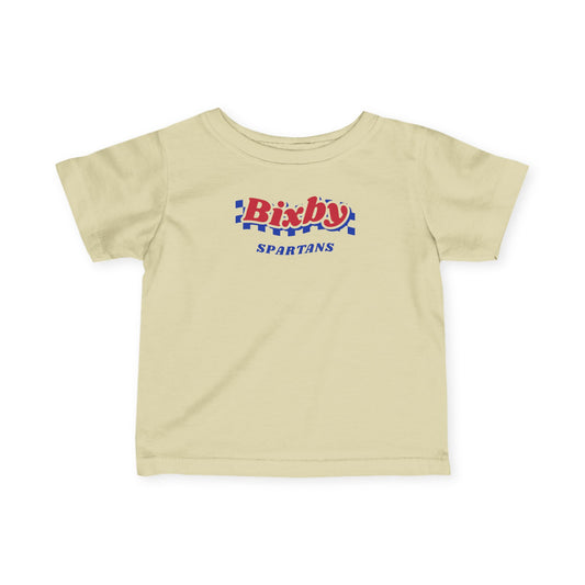 Bixby Spartans Retro Blue Checkered Script Infant Tee – Baby Vintage Spartan Shirt