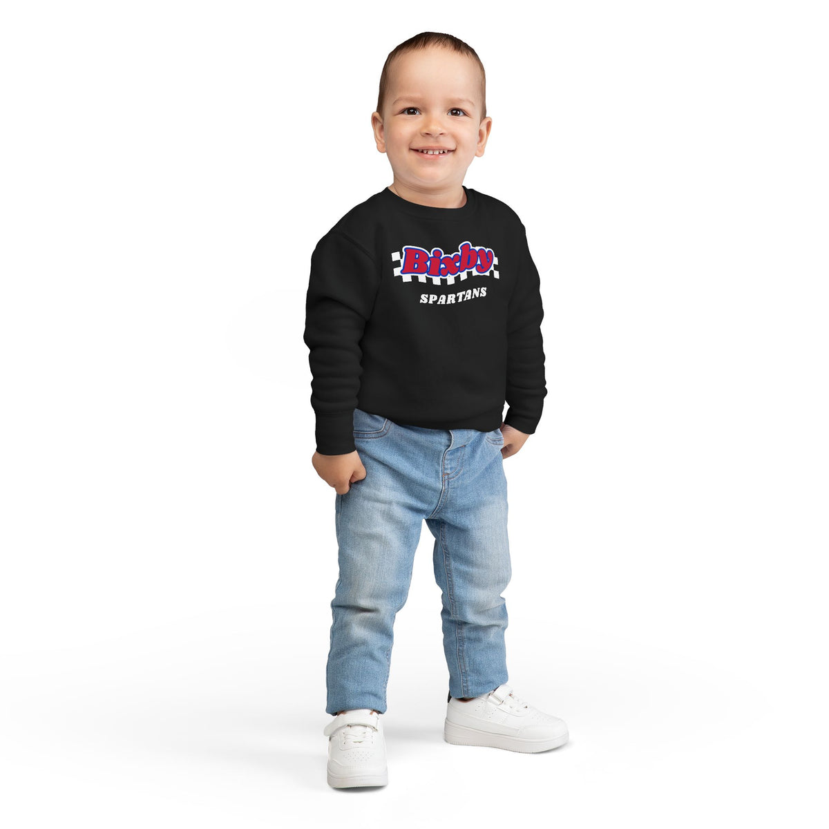 Bixby Spartans Retro Script Checkered Toddler Sweatshirt – Little Spartan Game Day Crewneck