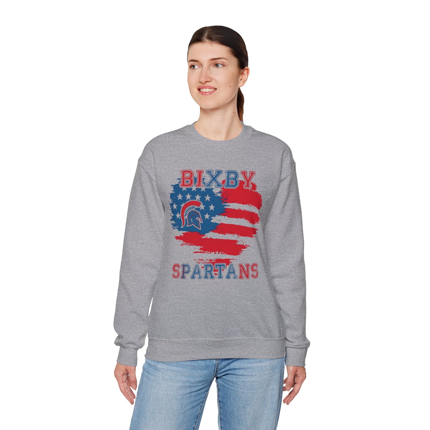 Bixby Spartans Heart American Flag Crewneck Sweatshirt