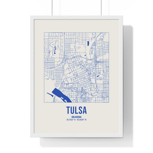 Tulsa Street Map Framed Print, Royal Blue on Cream