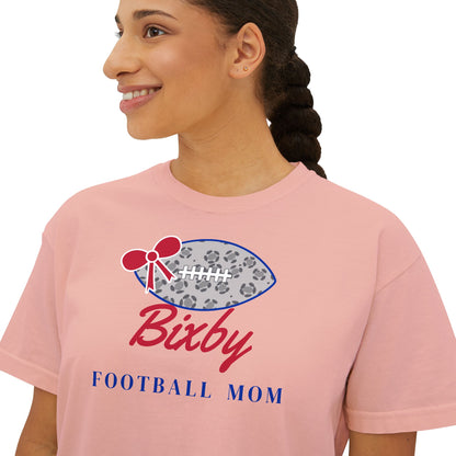 Bixby Spartans Football Mom Women's Boxy Tee – Leopard Football & Bow, Navy Lettering
