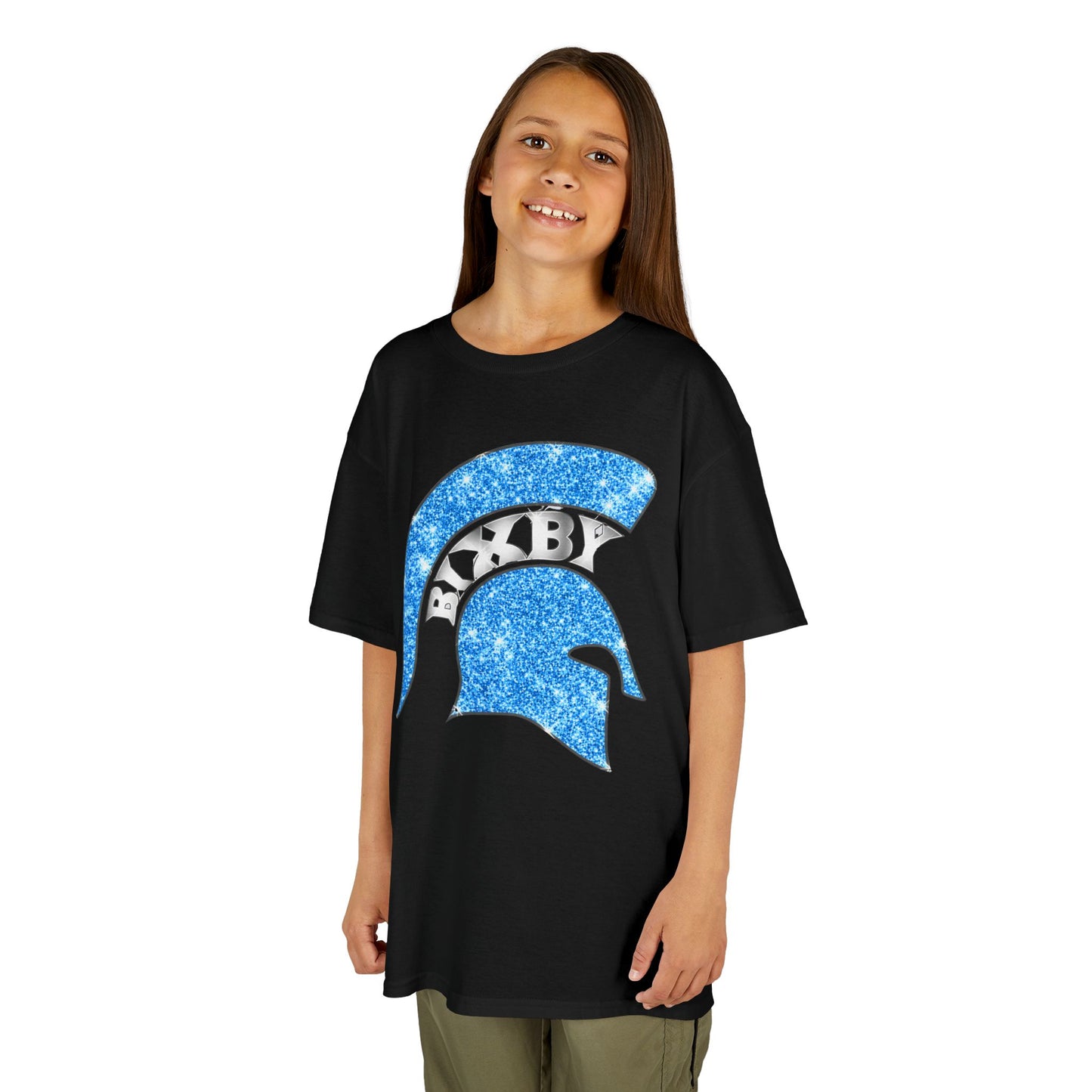 Bixby Spartan Blue Helmet Bling Youth Gildan Tee