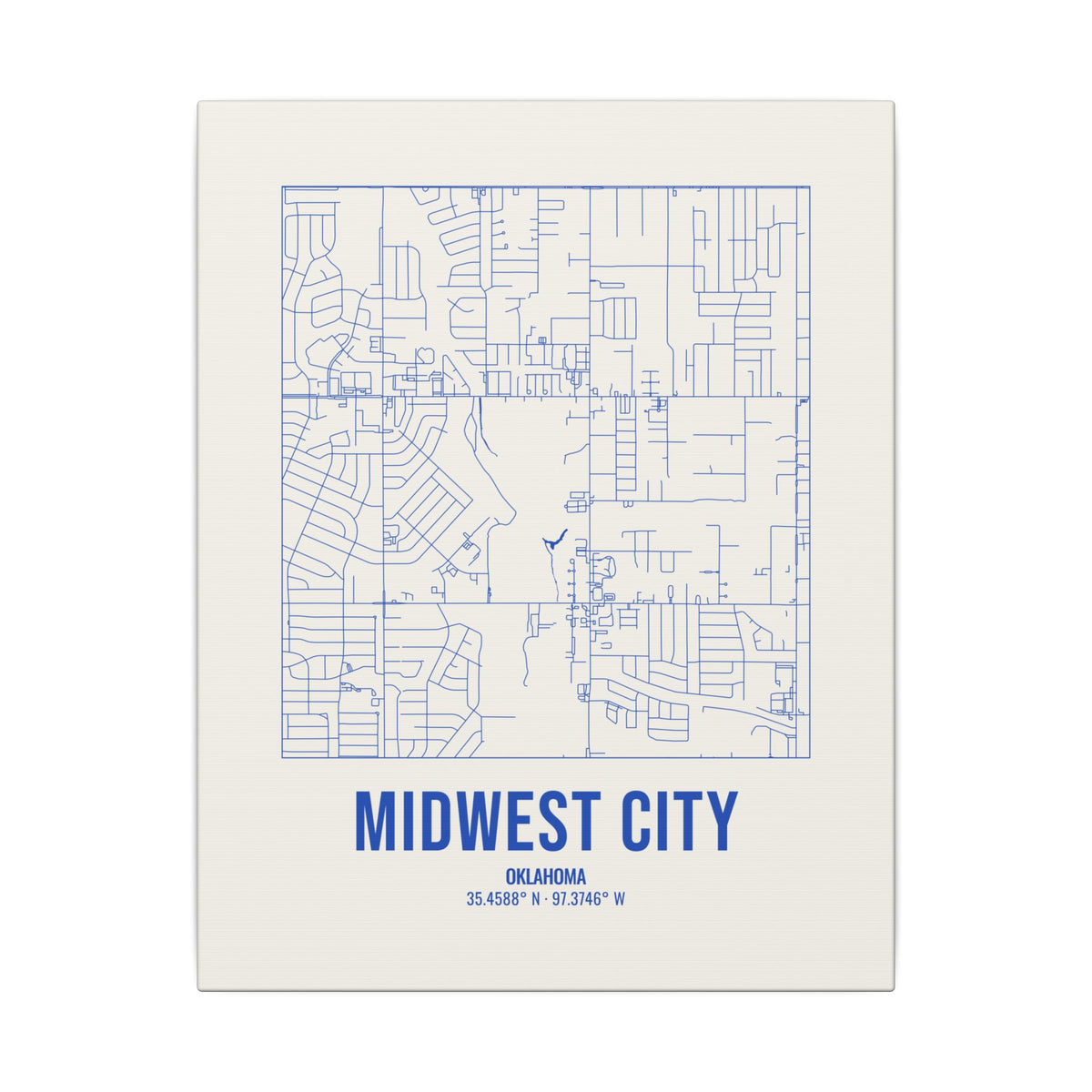 Midwest City Street Map Canvas, Royal Blue on Cream