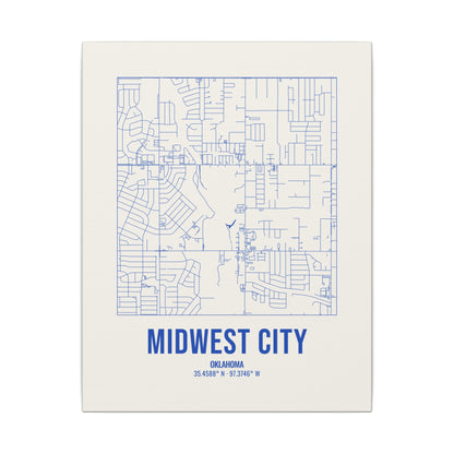 Midwest City Street Map Canvas, Royal Blue on Cream