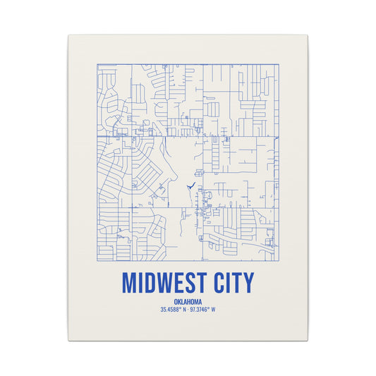 Midwest City Street Map Canvas, Royal Blue on Cream