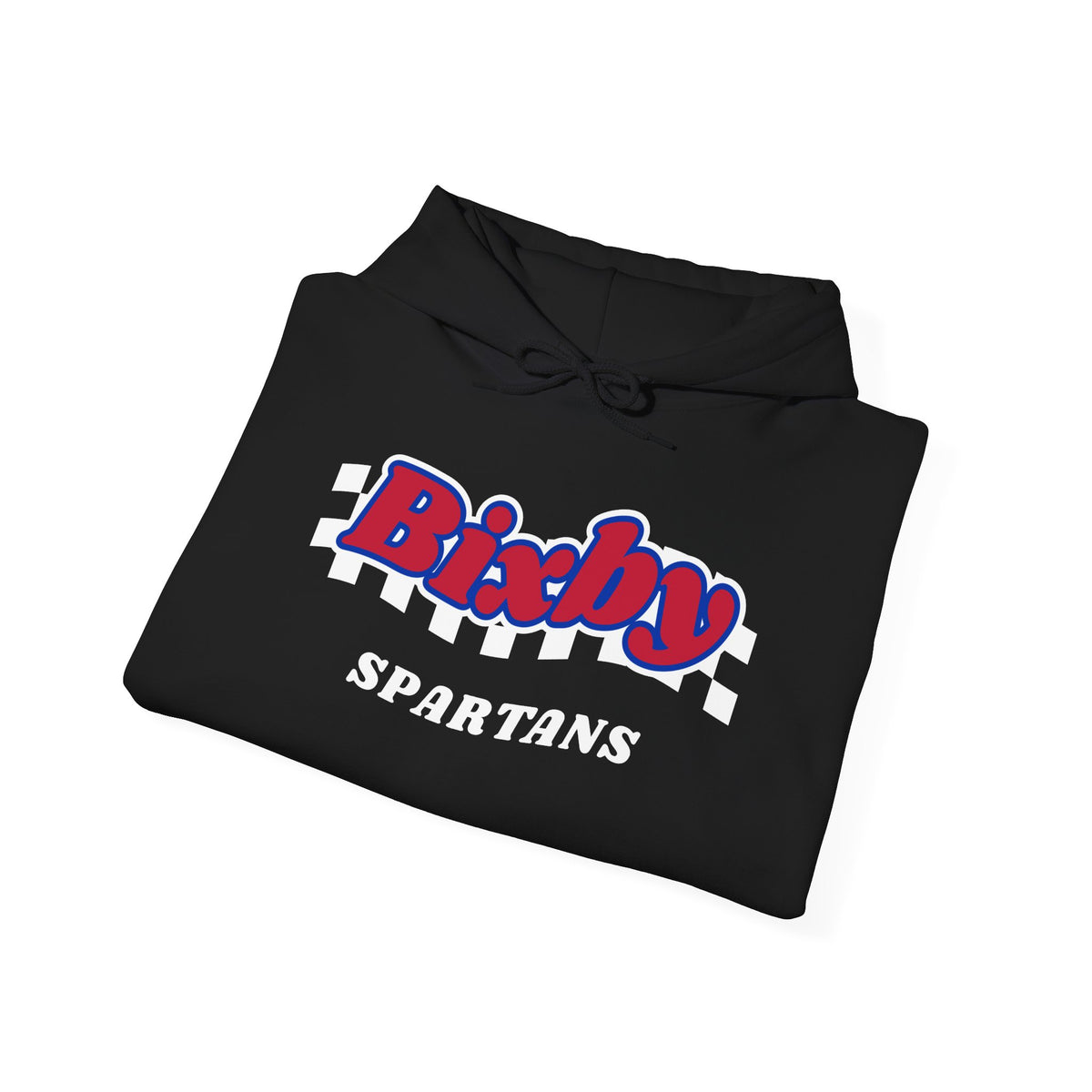 Bixby Spartans Retro Script Checkered Hoodie – Red, White & Blue Game Day Hooded Sweatshirt