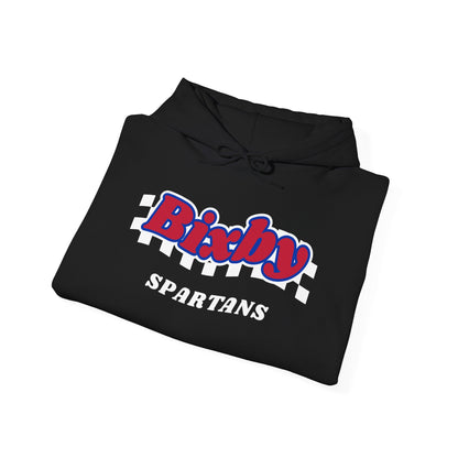 Bixby Spartans Retro Script Checkered Hoodie – Red, White & Blue Game Day Hooded Sweatshirt