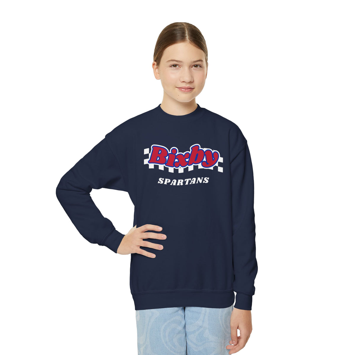 Bixby Spartans Retro Script Checkered Youth Sweatshirt – Kids Game Day Crewneck