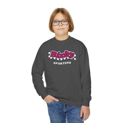 Bixby Spartans Retro Script Checkered Youth Sweatshirt – Kids Game Day Crewneck
