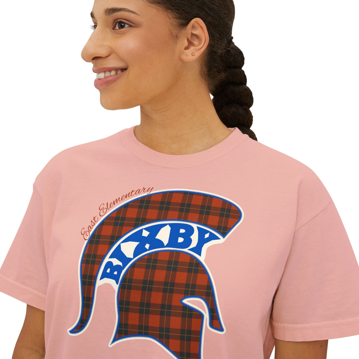 Bixby Spartans East Elementary Plaid Helmet Women's Boxy Tee – School Spirit Mom Shirt