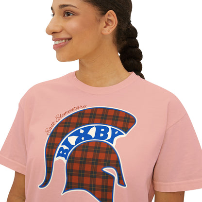 Bixby Spartans East Elementary Plaid Helmet Women's Boxy Tee – School Spirit Mom Shirt