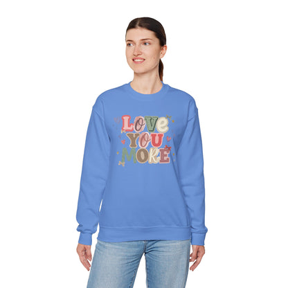 Love You More Crewneck Gildan Sweatshirt | Retro Heart Typography, Pastel Colors