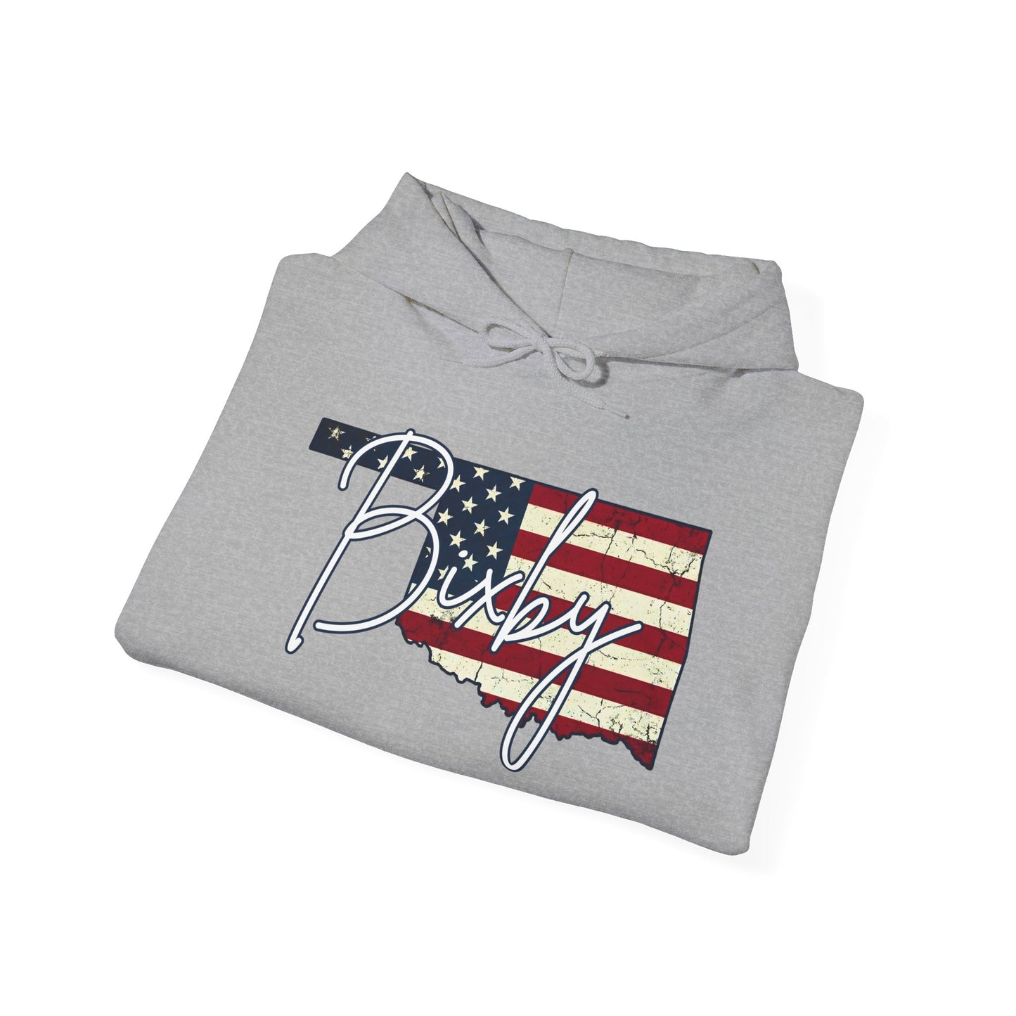 Oklahoma Flag Hoodie with "Bixby" Script Gildan Hoodie