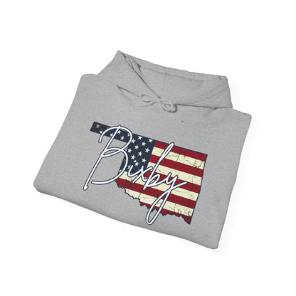 Oklahoma Flag Hoodie with "Bixby" Script Gildan Hoodie