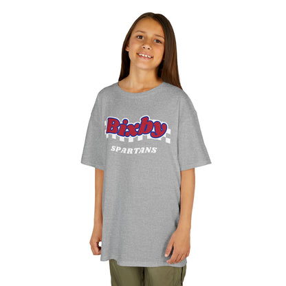 Bixby Spartans Retro Script Checkered Youth Tee – Kids Red, White & Blue Game Day Shirt