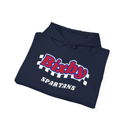Bixby Spartans Retro Script Checkered Hoodie – Red, White & Blue Game Day Hooded Sweatshirt